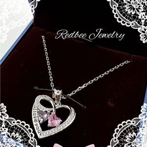 NIB Redbee 18k white GP over s925 “I Love You”, pink/purple CZ diamond necklace!